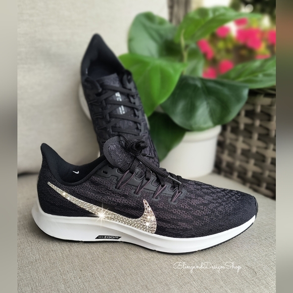 Women's Bling Nike Pegasus 36 Sneakers Black White Customized With Crystals - Picture 5 of 9